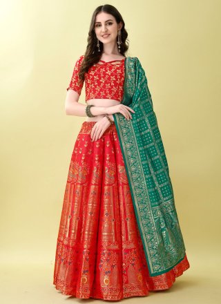 Red Jacquard Silk Jacquard Work Lehenga Choli for Festival