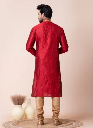 Red Jacquard Silk Kurta Pyjama with Embroidered Work for Festival