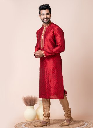 Red Jacquard Silk Kurta Pyjama with Embroidered Work for Festival