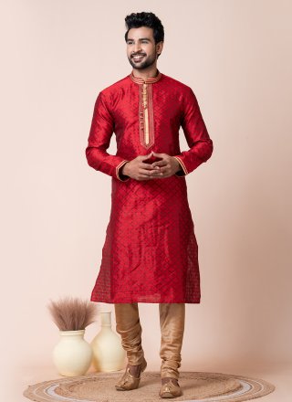 Red Jacquard Silk Kurta Pyjama with Embroidered Work for Festival