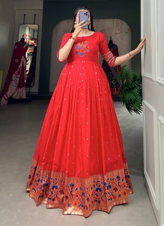 Red Jacquard Silk Thread and Woven Work Gown for Ceremonial