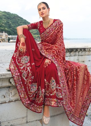 Red Kanjivaram Silk Classic Sari with Embroidered, Print, Stone, Thread and Weaving Work for Ceremonial