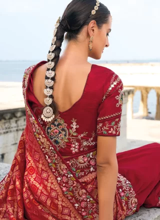 Red Kanjivaram Silk Classic Sari with Embroidered, Print, Stone, Thread and Weaving Work for Ceremonial