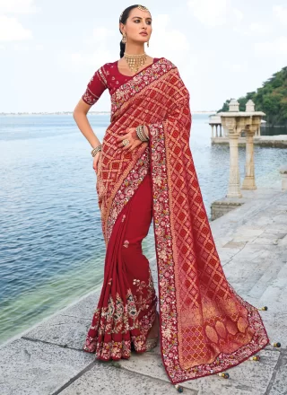 Red Kanjivaram Silk Classic Sari with Embroidered, Print, Stone, Thread and Weaving Work for Ceremonial