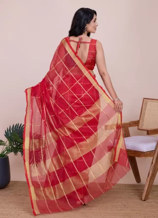 Red Kota Doriya Classic Saree with Weaving and Zari Work for Casual