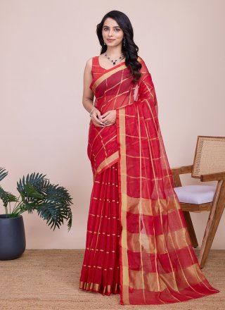 Red Kota Doriya Classic Saree with Weaving and Zari Work for Casual