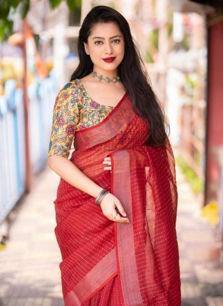 Red Linen Print and Sequins Work Contemporary Saree