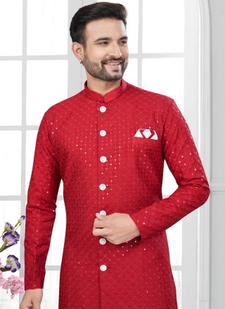 Red Lucknowi Chikankari and Machine Embroidery Work Indo Western Sherwani