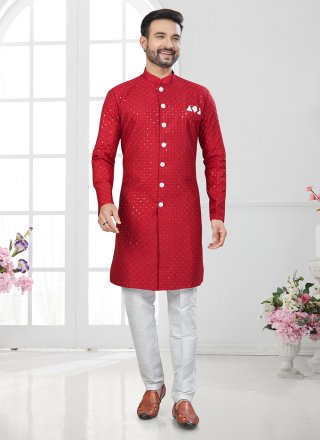 Red Lucknowi Chikankari and Machine Embroidery Work Indo Western Sherwani