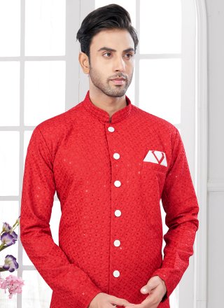 Red Lucknowi Chikankari and Machine Embroidery Work Indo Western Sherwani for Ceremonial