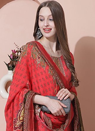Red Muslin Embroidered Work Salwar Suit for Women