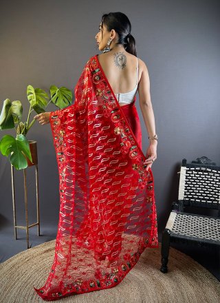 Red Net Classic Sari with Embroidered and Thread Work for Ceremonial