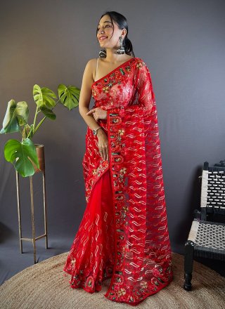 Red Net Classic Sari with Embroidered and Thread Work for Ceremonial