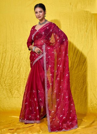 Red Net Classic Sari with Embroidered Work for Ceremonial