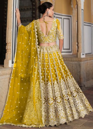 Yellow Net Dimond, Embroidered and Sequins Work A - Line Lehenga Choli for Ceremonial