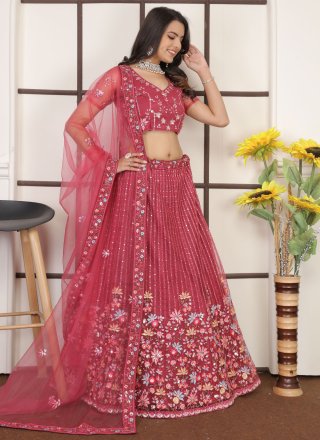 Red Net Embroidered and Sequins Work Lehenga Choli for Ceremonial
