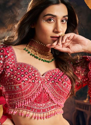 Red Net Embroidered, Hand and Sequins Work Readymade Lehenga Choli