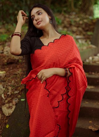 Red Organza Lucknowi Work and Print Work Trendy Saree for Women