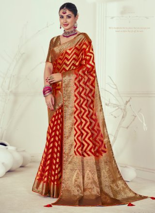 Red Organza Trendy Saree with Weaving Work