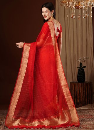 Red Organza Weaving and Zari Work Trendy Saree for Women