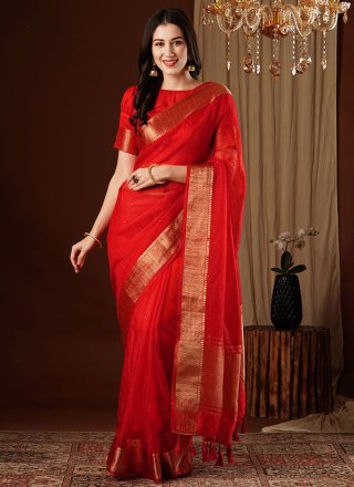 Red Organza Weaving and Zari Work Trendy Saree for Women