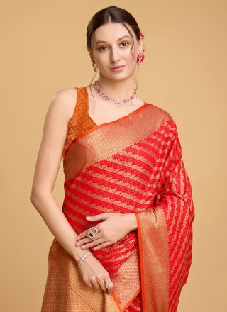 Red Patola Silk Jacquard and Weaving Work Trendy Saree for Women