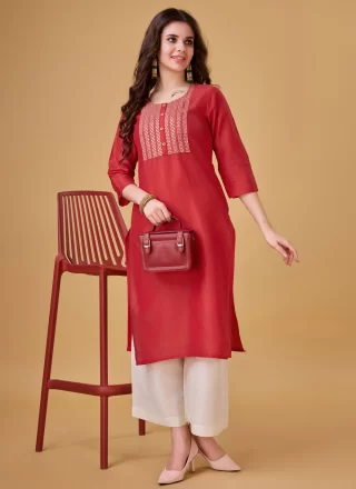 Red Polyester Party Wear Kurti with Embroidered and Sequins Work for Casual