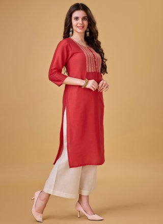 Red Polyester Party Wear Kurti with Embroidered and Sequins Work for Casual