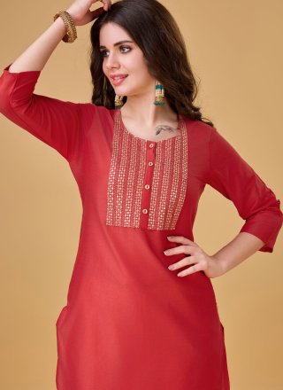 Red Polyester Party Wear Kurti with Embroidered and Sequins Work for Casual