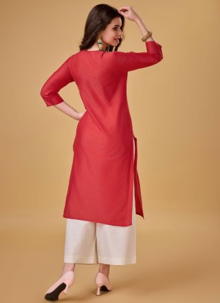 Red Polyester Party Wear Kurti with Embroidered and Sequins Work for Casual