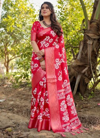 Red Pure Silk Digital Print Work Casual Saree for Women