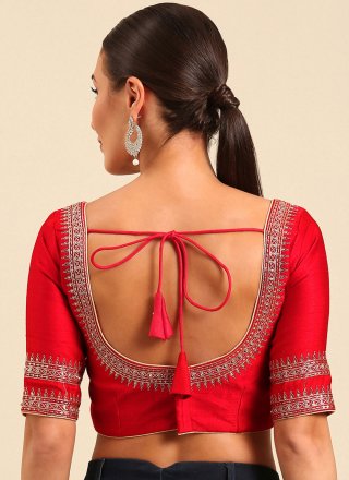 Red Raw Silk Designer Blouse with Embroidered Work for Women