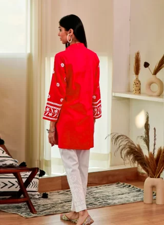 Red Rayon Casual Kurti with Chikankari and Embroidered Work for Women