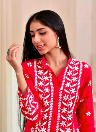 Red Rayon Casual Kurti with Chikankari and Embroidered Work for Women