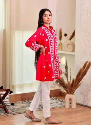 Red Rayon Casual Kurti with Chikankari and Embroidered Work for Women
