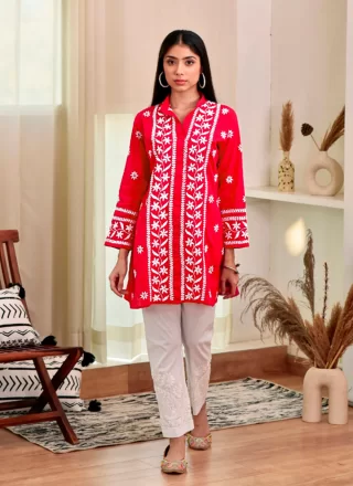 Red Rayon Casual Kurti with Chikankari and Embroidered Work for Women