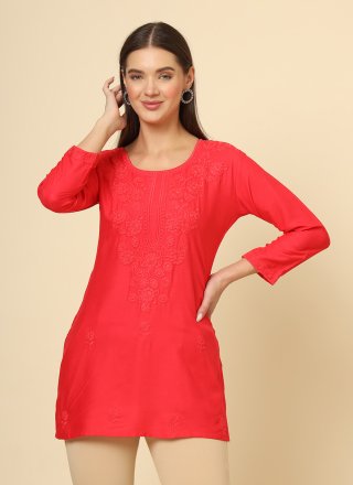 Red Rayon Casual Kurti with Chikankari, Embroidered and Lucknowi Work Work for Casual