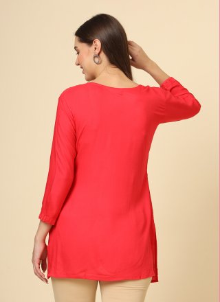 Red Rayon Casual Kurti with Chikankari, Embroidered and Lucknowi Work Work for Casual