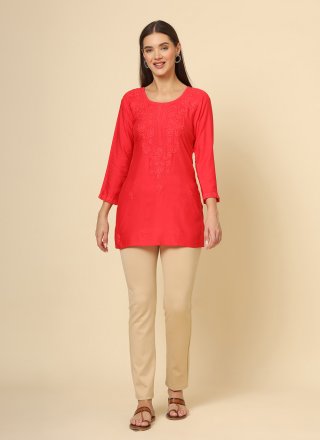 Red Rayon Casual Kurti with Chikankari, Embroidered and Lucknowi Work Work for Casual
