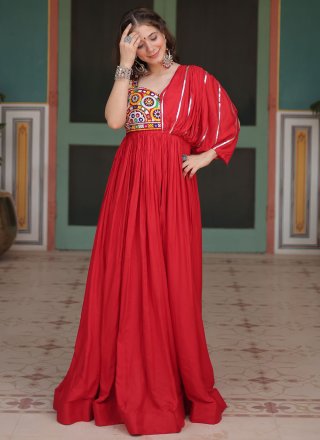 Red Rayon  Designer Gown with Fancy, Lace and Mirror Work for Women