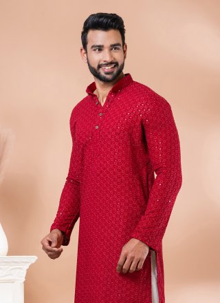 Red Rayon Embroidered and Sequins Work Kurta Mens Wear