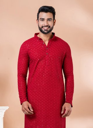 Red Rayon Embroidered and Sequins Work Kurta Mens Wear