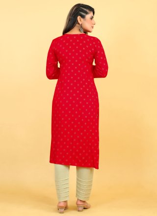 Red Rayon Mirror and Print Work Casual Kurti for Women