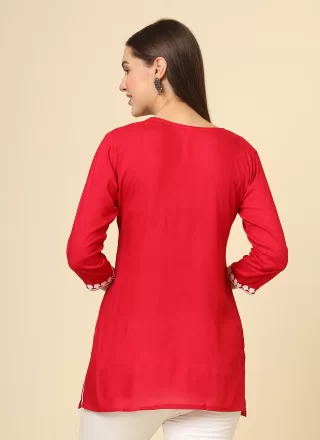 Red Rayon Party Wear Kurti with Chikankari, Embroidered and Thread Work for Women
