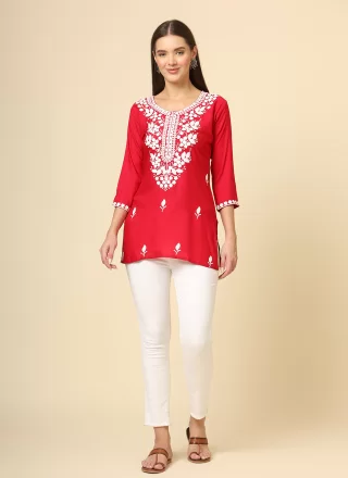 Red Rayon Party Wear Kurti with Chikankari, Embroidered and Thread Work for Women