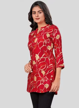 Red Rayon Print Work Casual Kurti for Casual