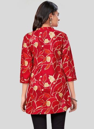 Red Rayon Print Work Casual Kurti for Casual