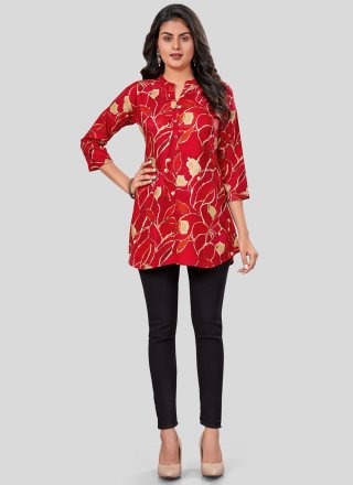 Red Rayon Print Work Casual Kurti for Casual