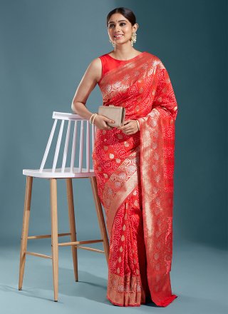 red Banarasi Cotton Silk Bandhej Saree - Banarasi Style - 3523443