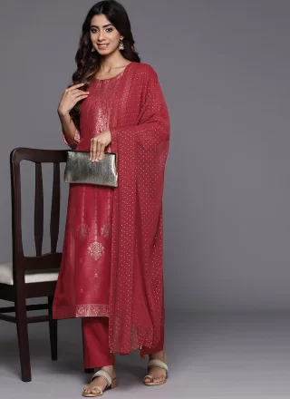 Red Silk Blend Readymade Salwar Suit with Woven Work for Ceremonial